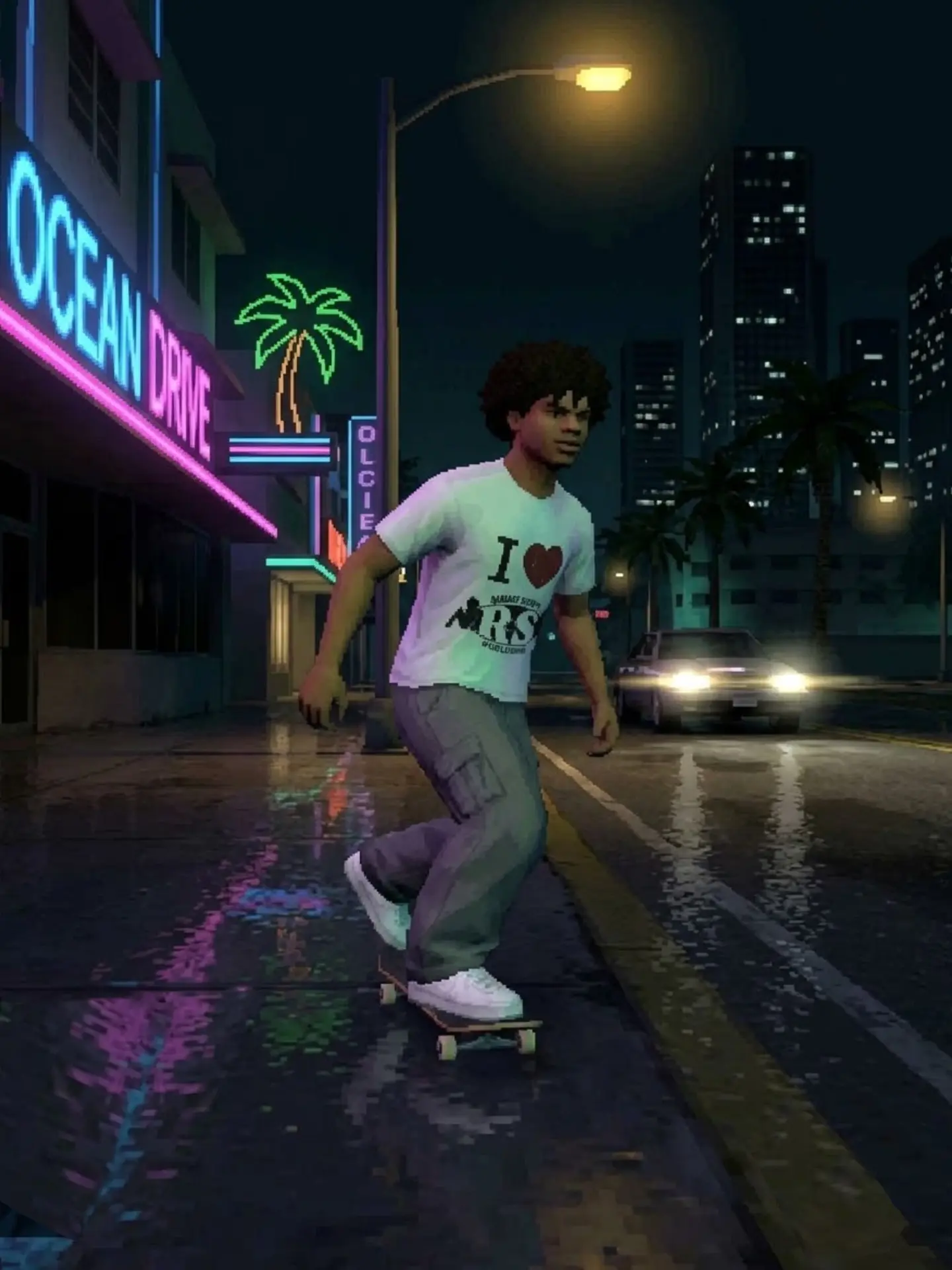 Neon Ocean Drive at night with a Radiant Society skater
