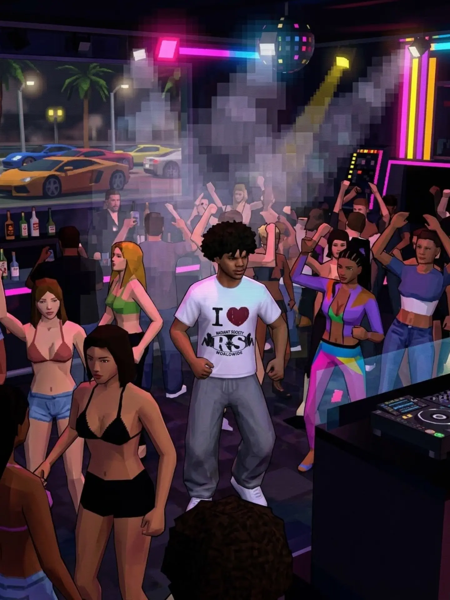 Radiant Society character in a neon-lit low-poly nightclub